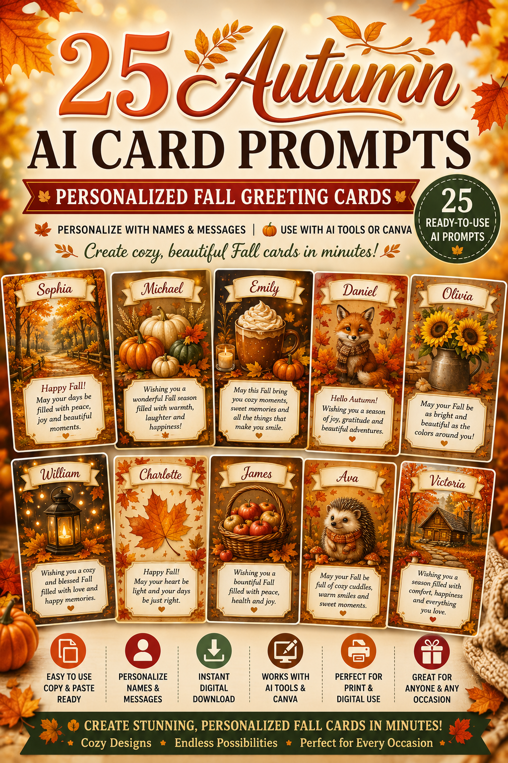 25 Autumn AI Card Prompts | Personalized Fall Greeting Cards | ChatGPT, Midjourney & Canva | Printable Digital Card Templates