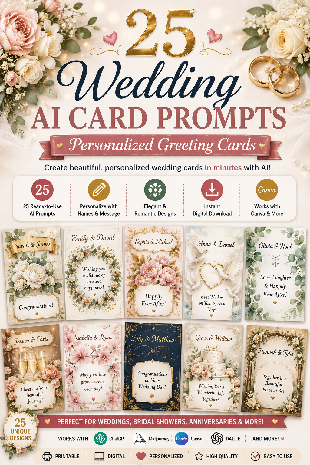 Digital Wedding Card Prompts – 25 AI Prompts for Personalized Wedding Greeting Cards | Canva, ChatGPT & Midjourney