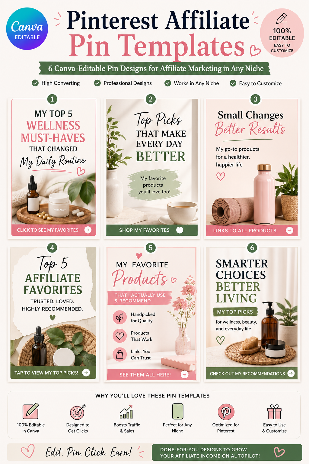 Pinterest Affiliate Pin Templates | 6 Canva-Editable Pin Designs for Affiliate Marketing in Any Niche