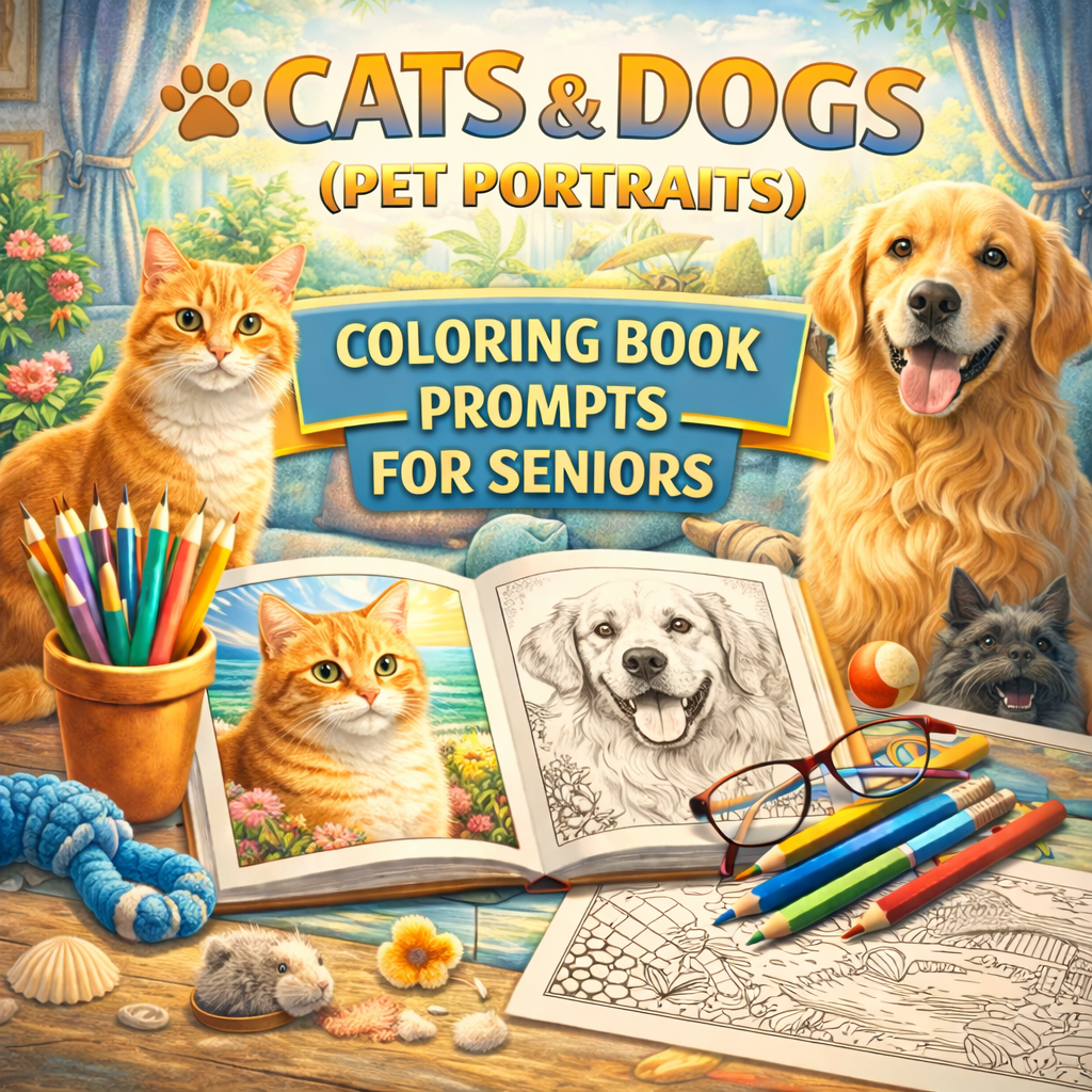 Cats & Dogs (Pet Portraits) Coloring Book Prompts For Seniors