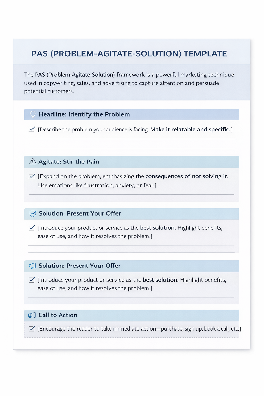 PAS (PROBLEM-AGITATE-SOLUTION) TEMPLATE
