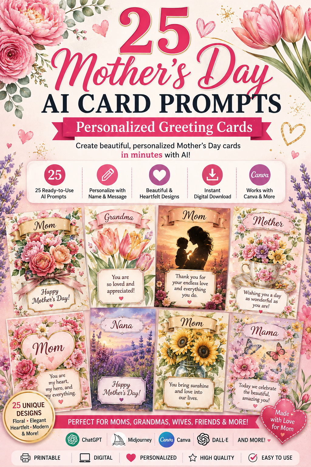 Digital Mother's Day Card Prompts – 25 AI Prompts for Personalized Mother's Day Greeting Cards | Canva, ChatGPT & Midjourney