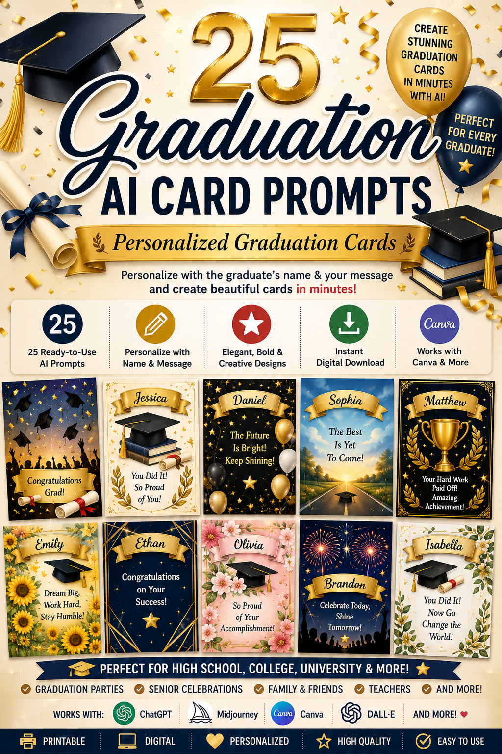 Digital Graduation Card Prompts – 25 AI Prompts for Personalized Graduation Greeting Cards | Canva, ChatGPT & Midjourney