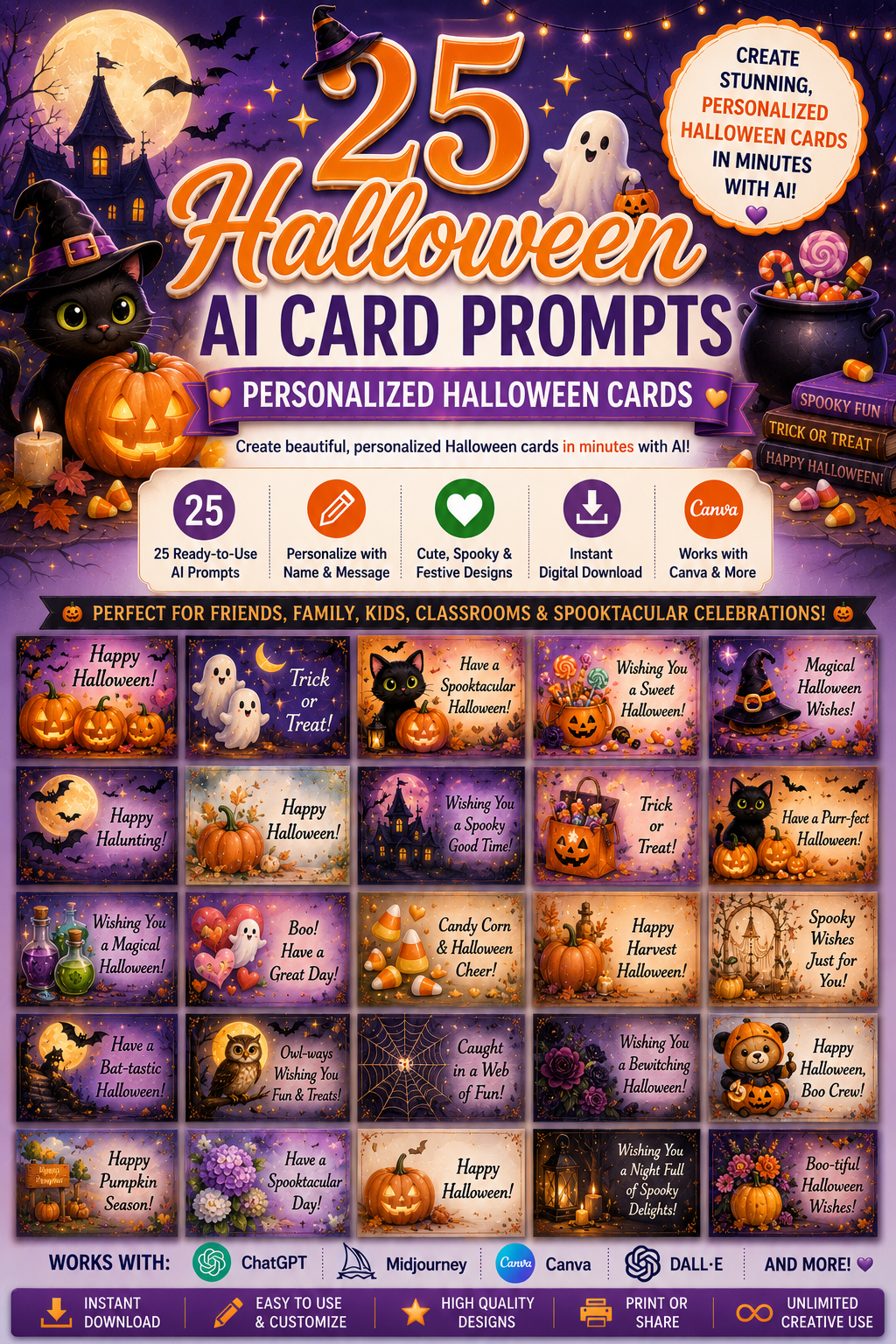 Digital Halloween Card Prompts – 25 AI Prompts for Personalized Halloween Greeting Cards | Canva, ChatGPT & Midjourney