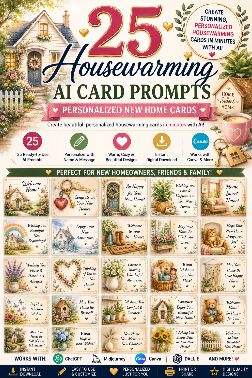Digital Housewarming Card Prompts – 25 AI Prompts for Personalized Housewarming Greeting Cards | Canva, ChatGPT & Midjourney