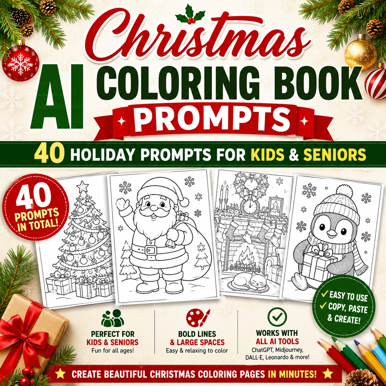 Christmas AI Coloring Book Prompts Bundle | 40 Holiday Coloring Page Prompts for Kids & Seniors | ChatGPT, Midjourney & AI Art