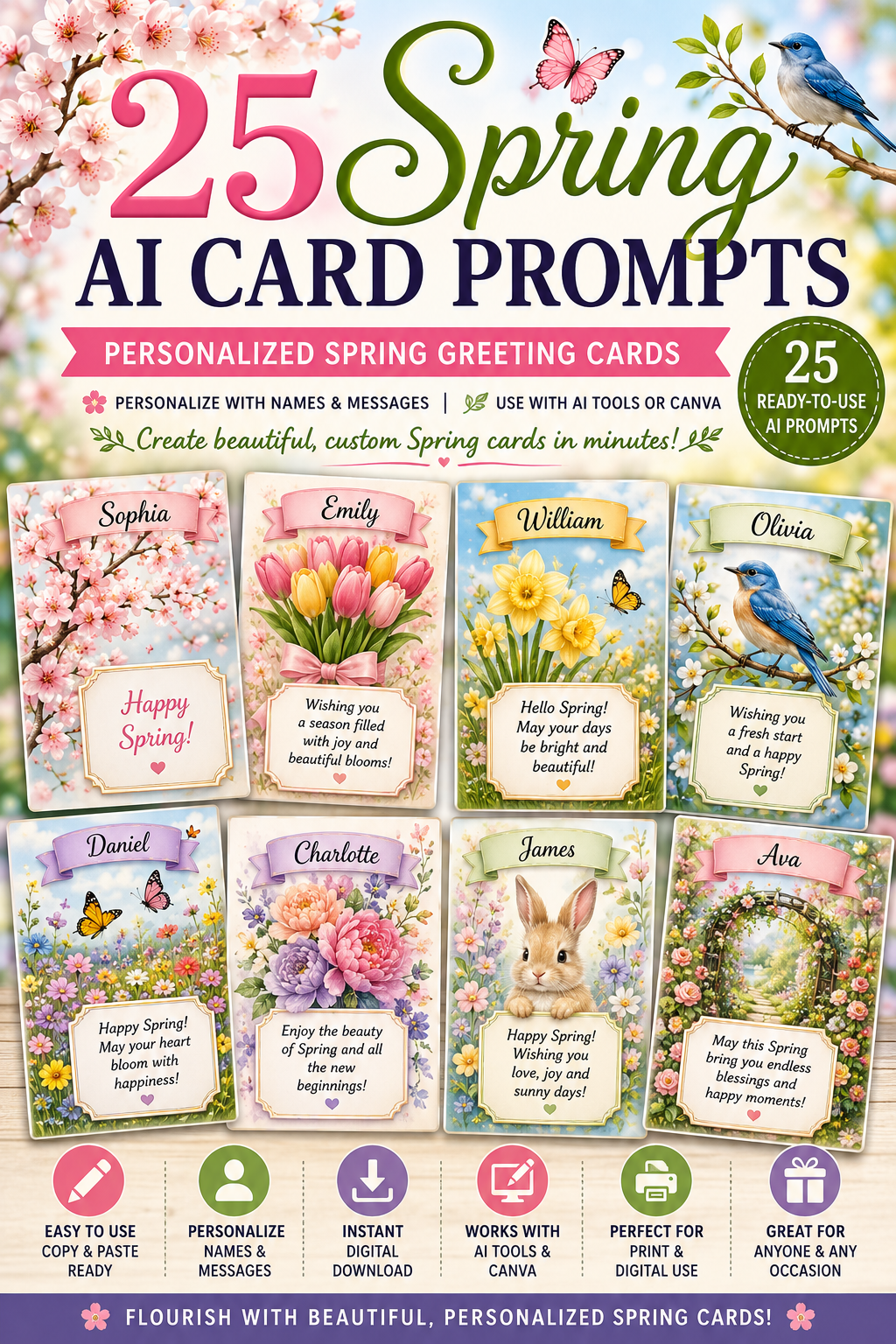25 Spring AI Card Prompts | Personalized Spring Greeting Cards | ChatGPT, Midjourney & Canva | Printable Digital Card Templates