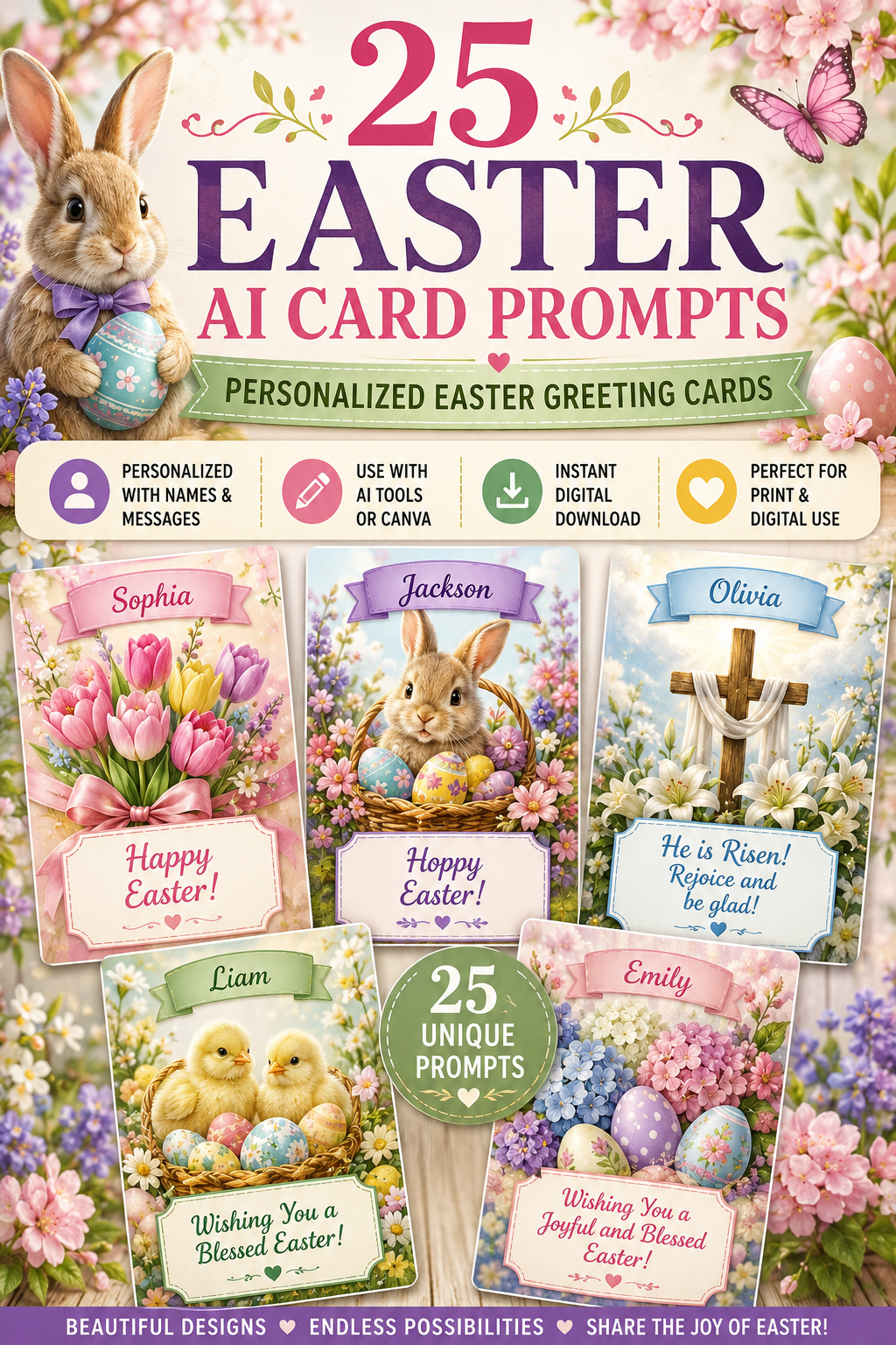 25 Easter AI Card Prompts | Personalized Easter Greeting Cards | ChatGPT, Midjourney & Canva Printable Card Templates