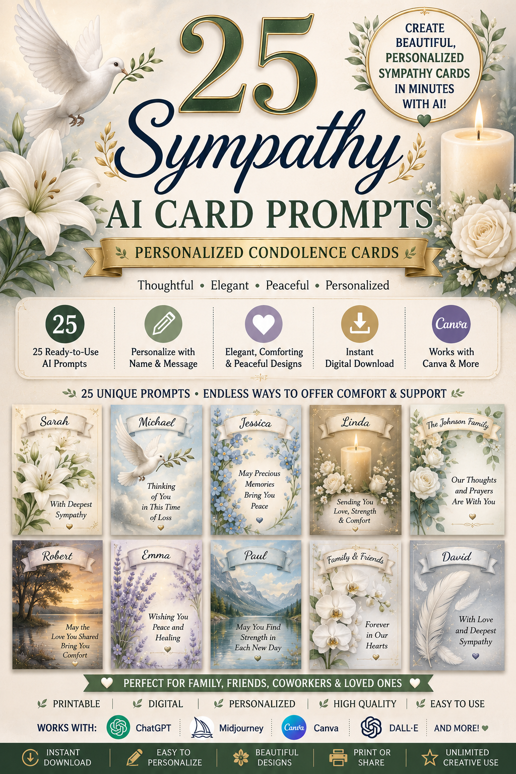 Digital Sympathy Card Prompts – 25 AI Prompts for Personalized Sympathy Greeting Cards | Canva, ChatGPT & Midjourney