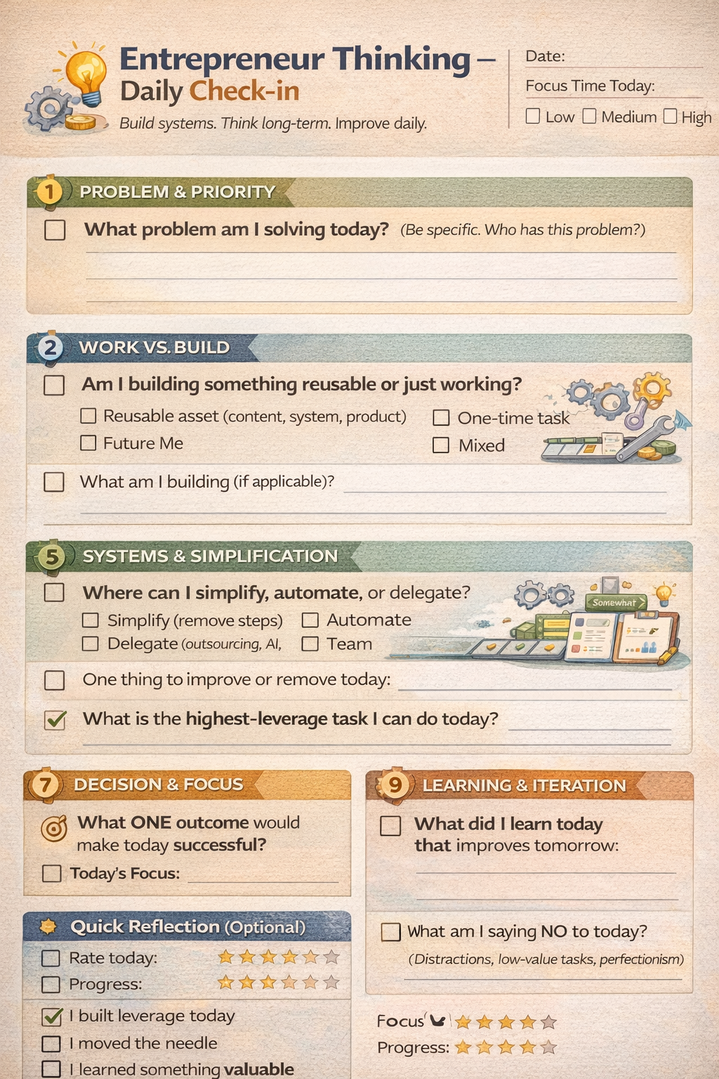 Editable Canva Daily Check-In Template – Entrepreneur Mindset & Productivity Planner