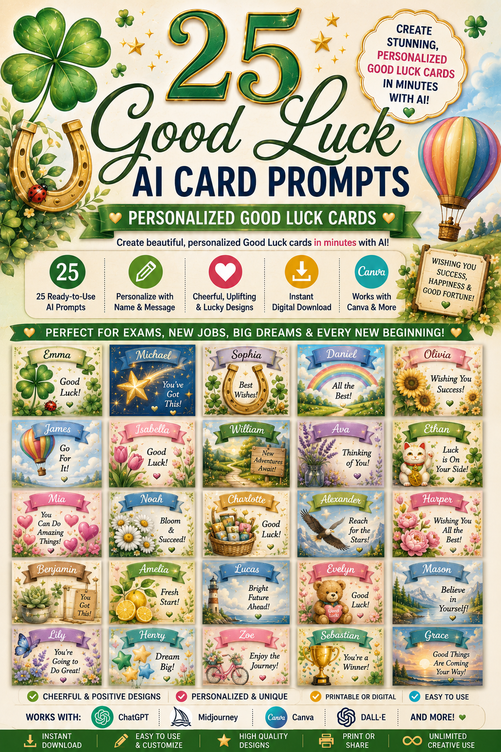 Digital Good Luck Card Prompts – 25 AI Prompts for Personalized Good Luck Greeting Cards | Canva, ChatGPT & Midjourney