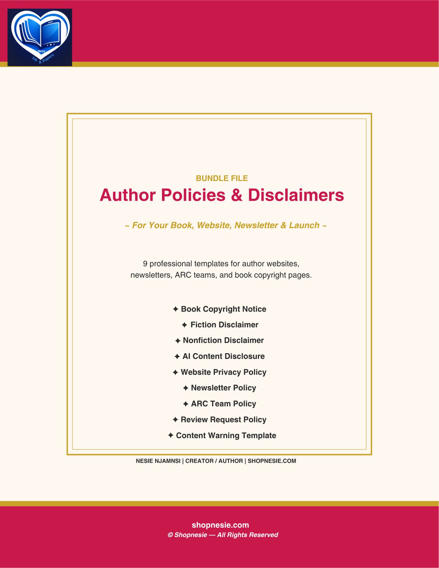 Author Policies & Disclaimers Bundle: 9 Professional Templates for Copyright, Privacy Policy, ARC Team, AI Disclosure & Content Warnings