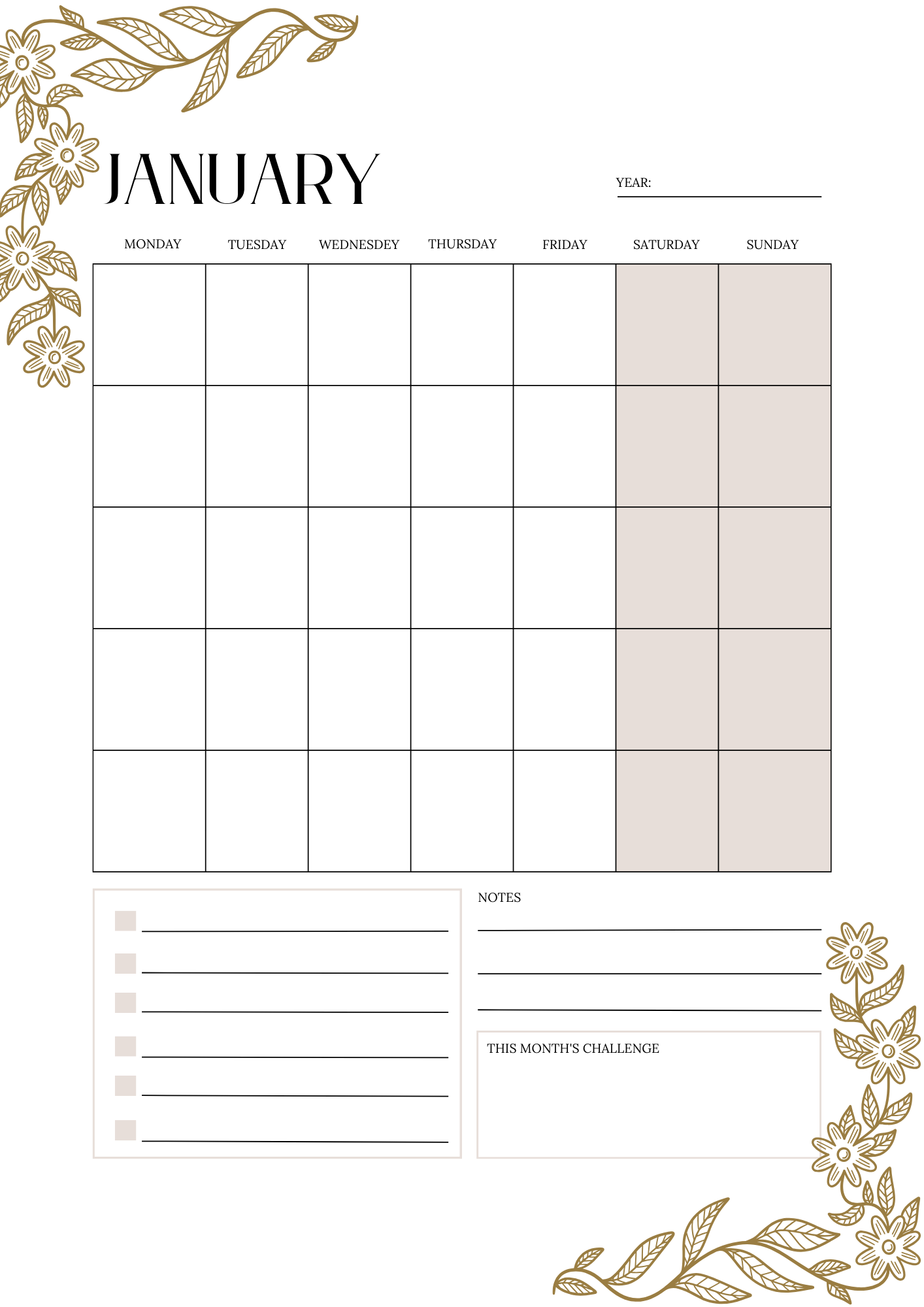 GRAY GOLD MONTHLY CALENDAR