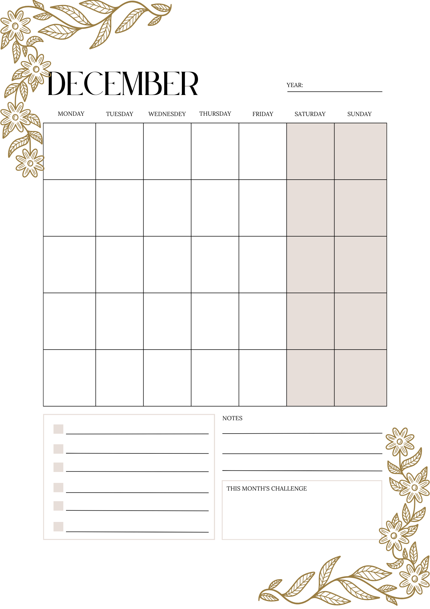 GRAY GOLD MONTHLY CALENDAR