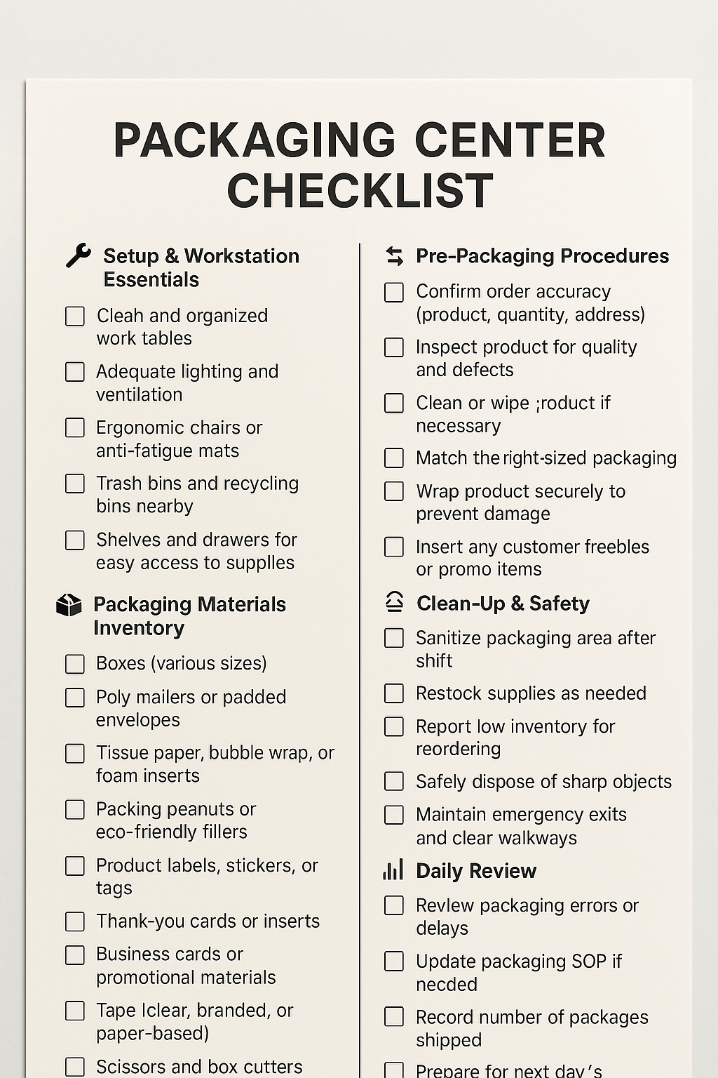 PACKAGING CENTER CHECKLIST