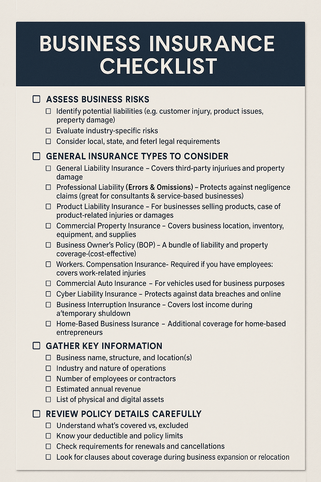 BUSINESS INSURANCE CHECKLIST