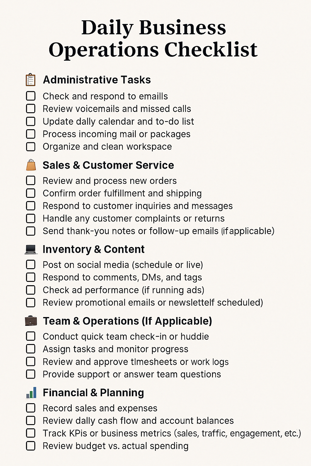 DAILY BUSINESS OPERATIONS CHECKLIST