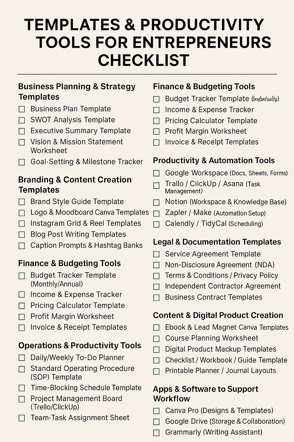 TEMPLATES & PRODUCTIVITY TOOLS FOR ENTREPRENEURS BUSINESS CHECKLIST