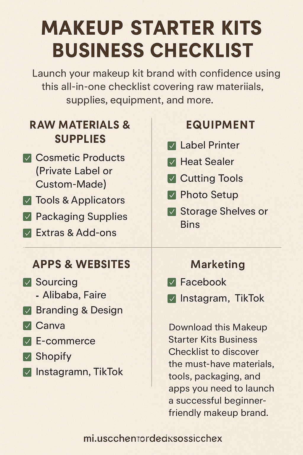 RAW MATERIALS, SUPPLIES, EQUIPMENT, AND APPS/WEBSITES FOR MAKEUP STARTER KITS BUSINESS