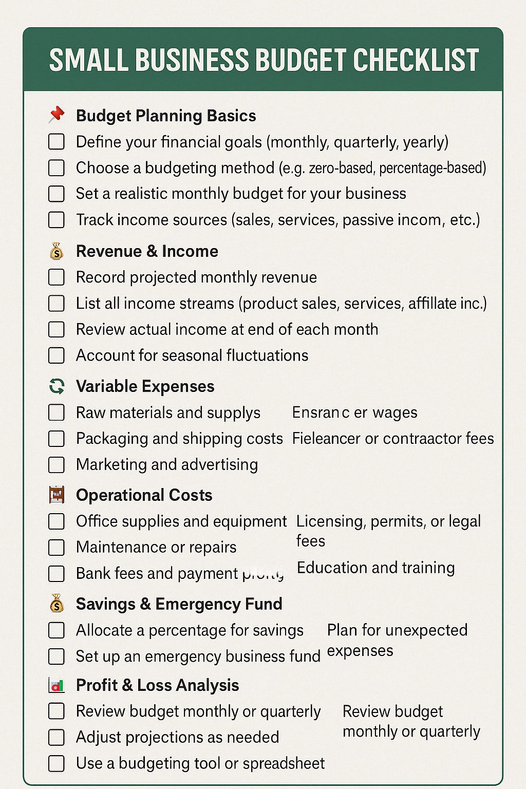 SMALL BUSINESS BUDGET CHECKLIST