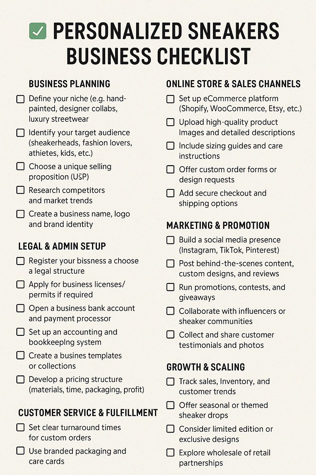 PERSONALIZED SNEAKERS BUSINESS CHECKLIST