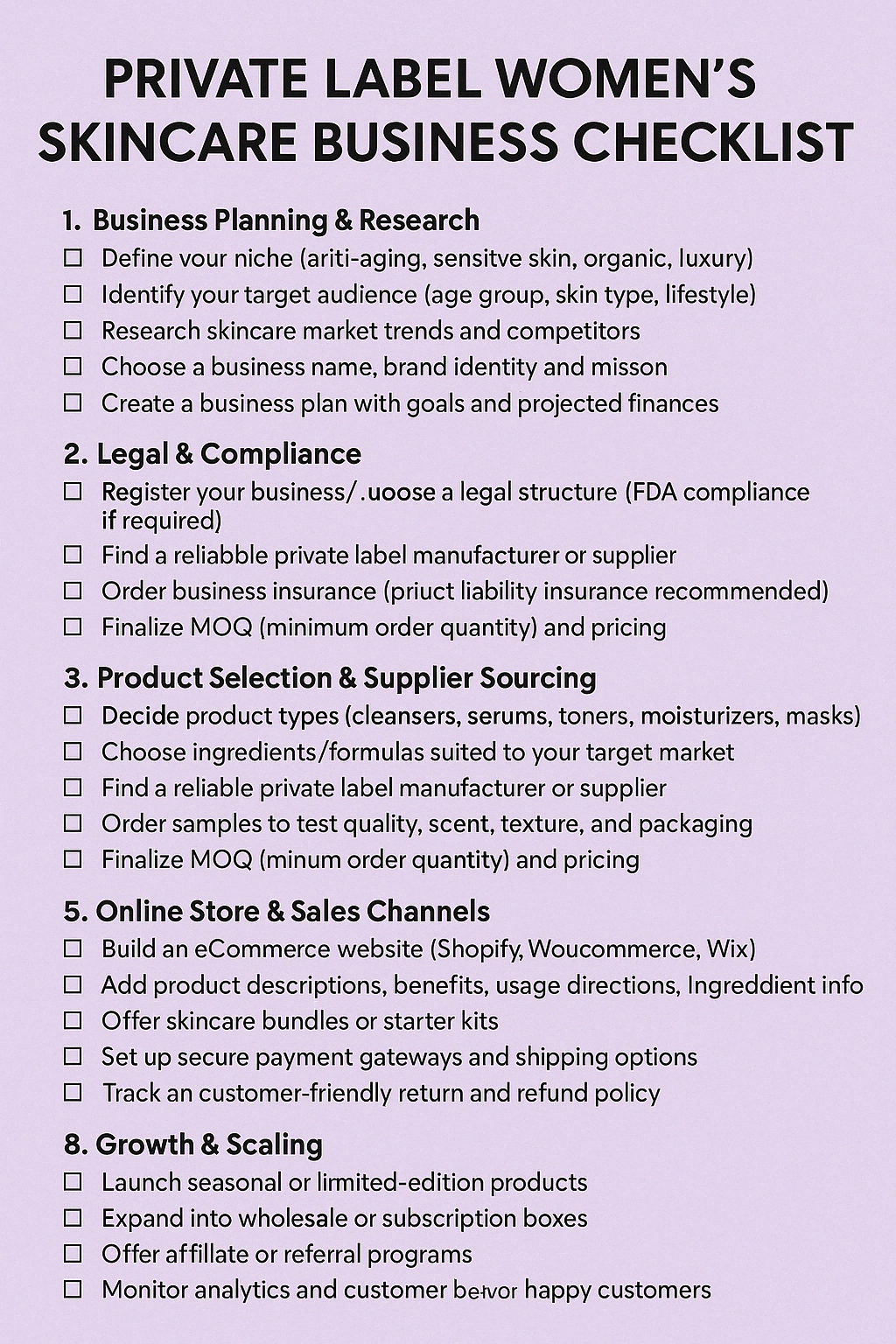 PRIVATE LABEL WOMEN'S SKINCARE BUSINESS CHECKLIST