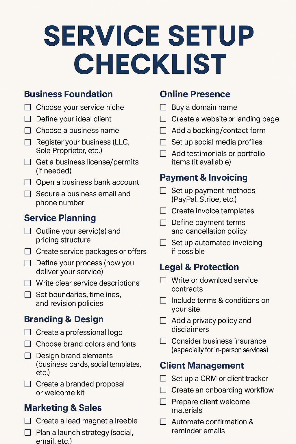 SERVICE SETUP CHECKLIST
