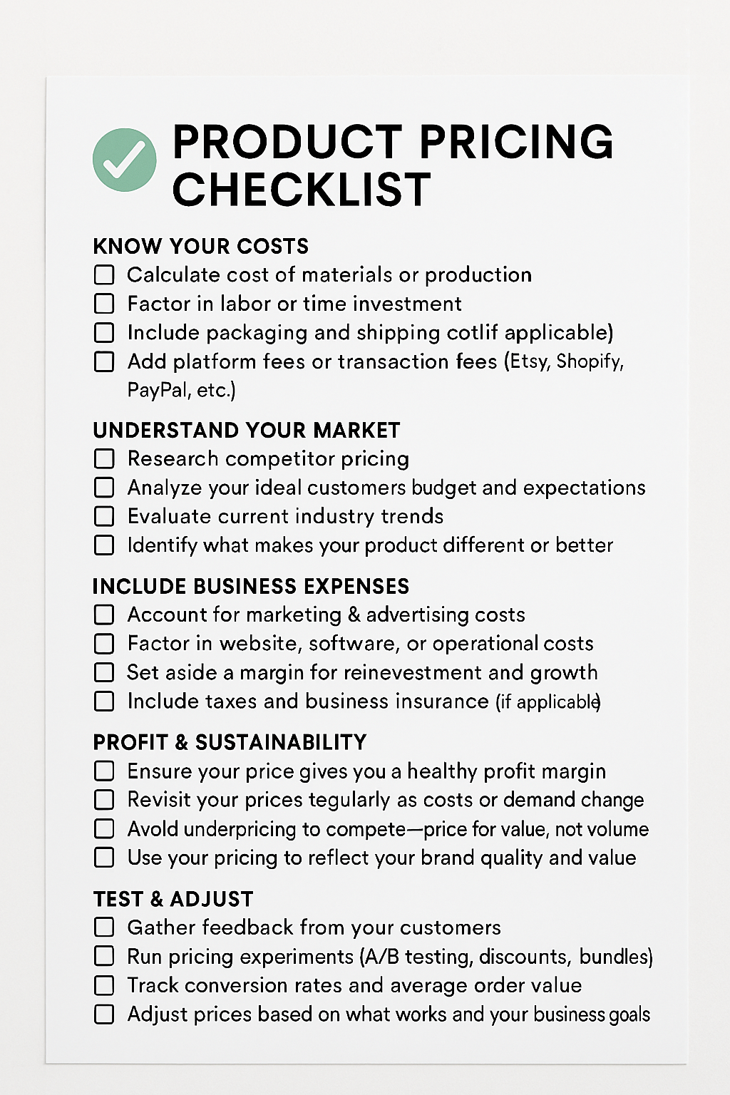 PRODUCT PRICING CHECKLIST