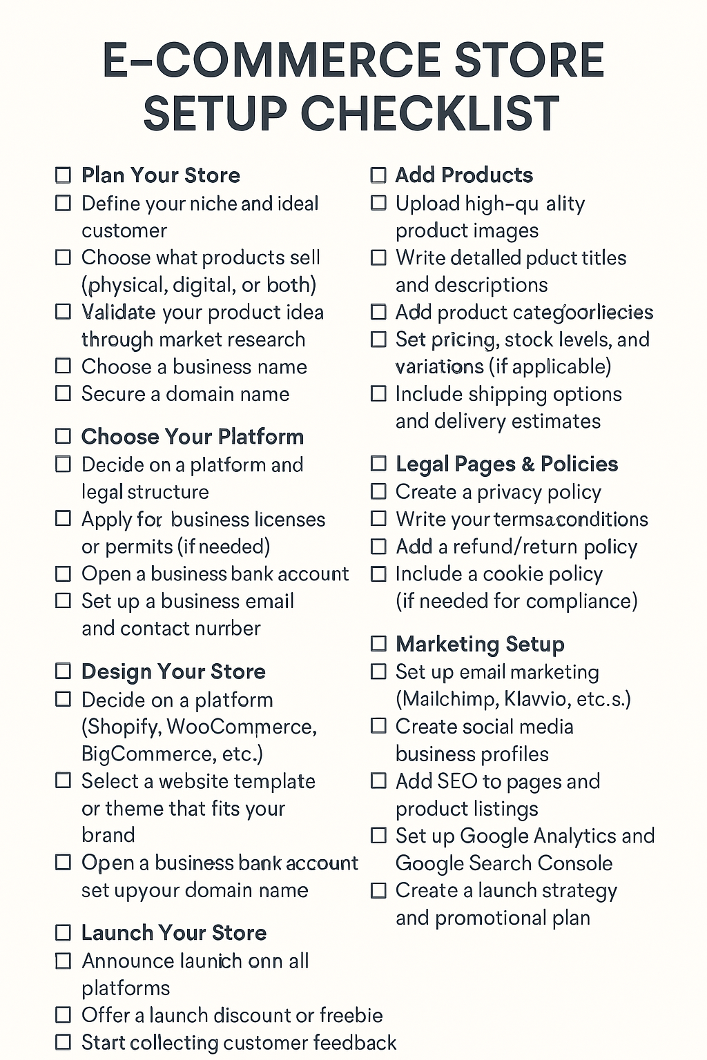 E-COMMERCE STORE SETUP CHECKLIST