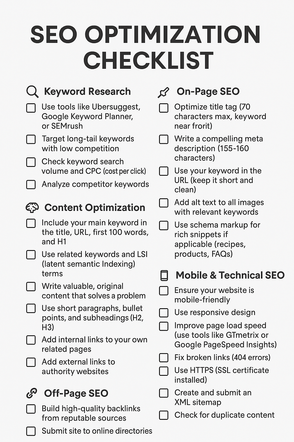 SEO OPTIMIZATION CHECKLIST