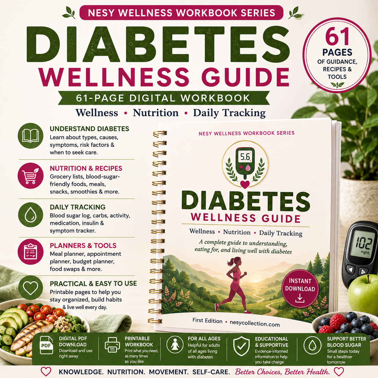 Diabetes Wellness Guide & Workbook | 61-Page Blood Sugar Tracker, Meal Planner, Recipes & Nutrition PDF