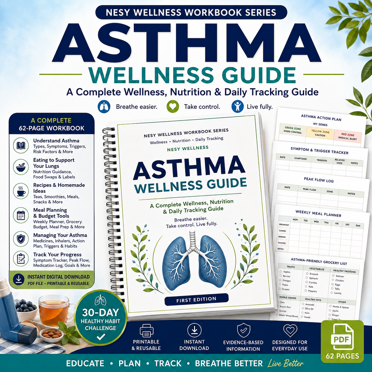 Asthma Wellness Guide – 62-Page Asthma Action Plan, Symptom Tracker & Nutrition Workbook PDF