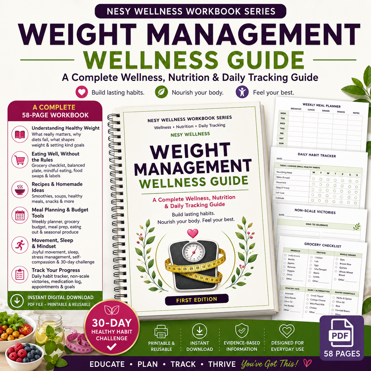 Weight Management Wellness Guide – 58-Page Nutrition, Meal Planner & Healthy Habits Workbook PDF