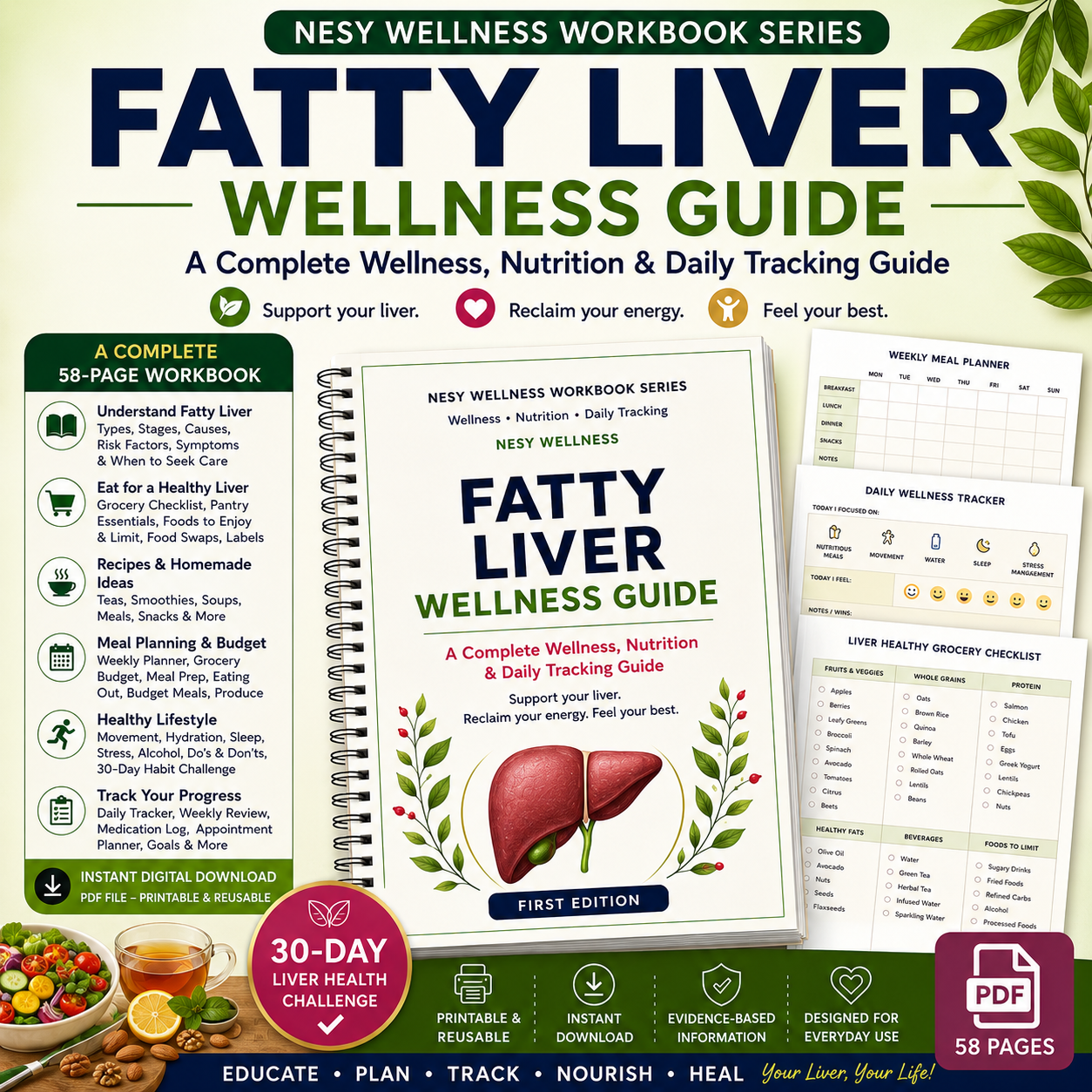 Fatty Liver Wellness Guide – 58-Page Liver Health, Nutrition, Meal Planner & Tracker PDF