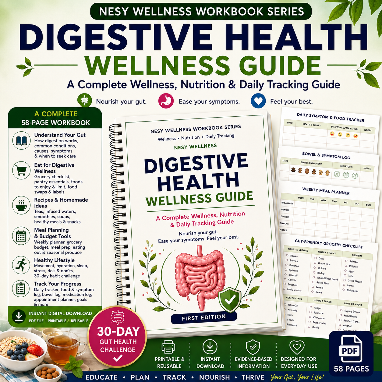 Digestive Health Wellness Guide – 58-Page Gut Health, Nutrition, Meal Planner & Symptom Tracker PDF