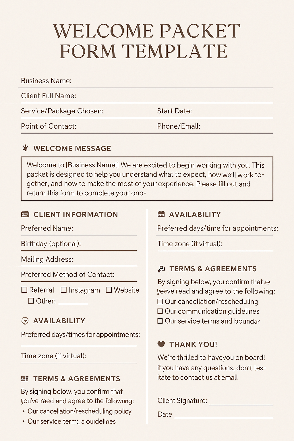WELCOME PACKET FORM TEMPLATE