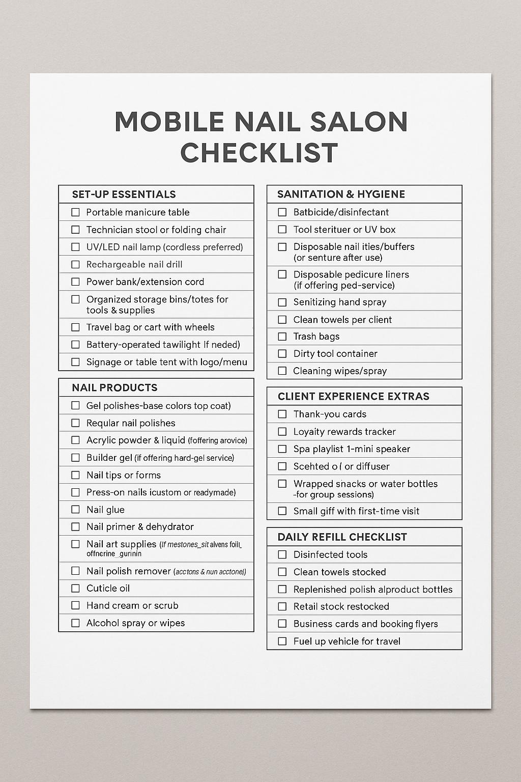 MOBILE NAIL SALON CHECKLIST