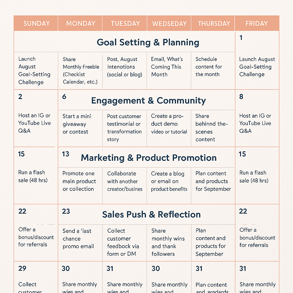 AUGUST ACTIVITY & PROMOTION CALENDAR