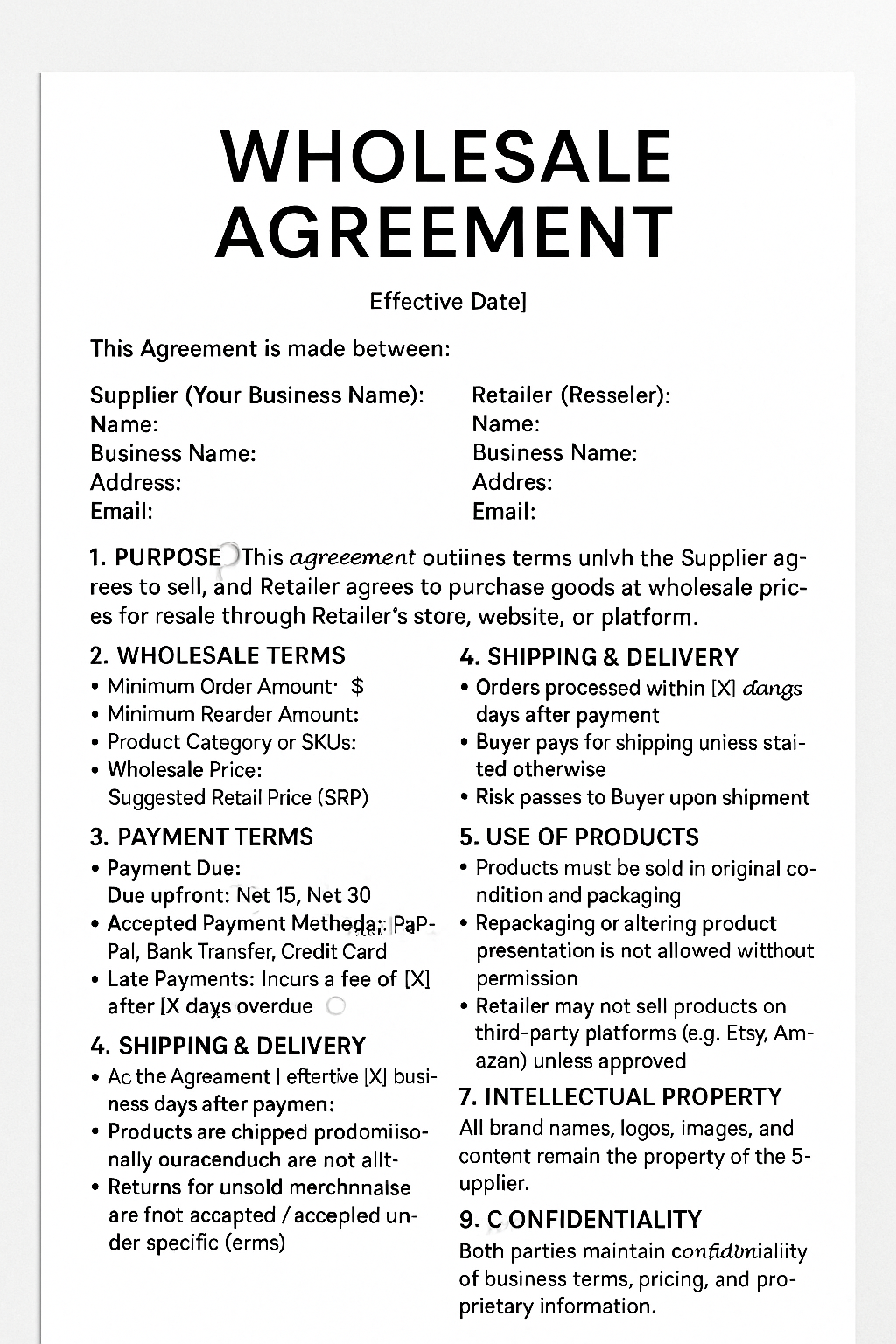 WHOLESALE AGREEMENT TEMPLATE