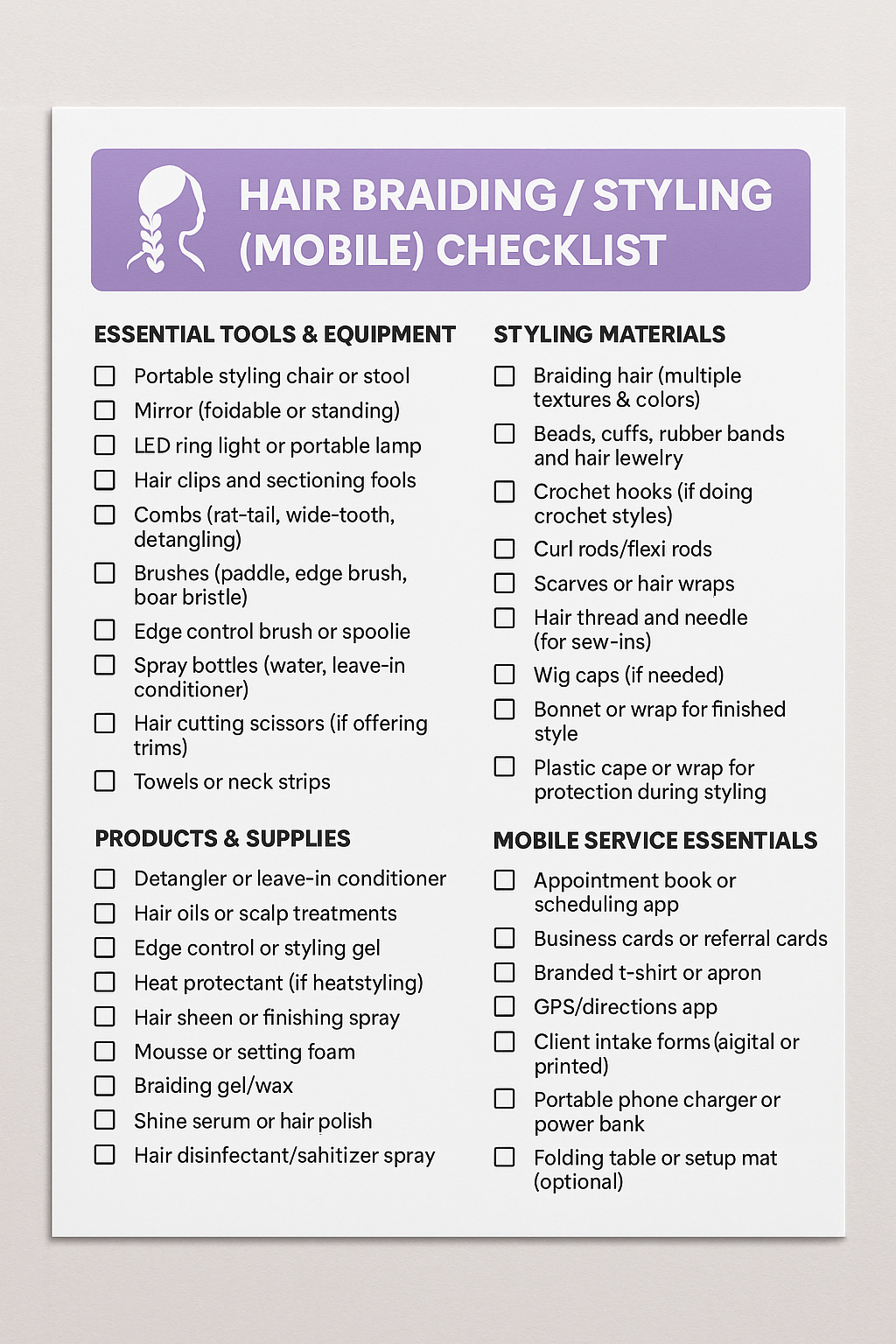 HAIR BRAIDING / STYLING (MOBILE) CHECKLIST