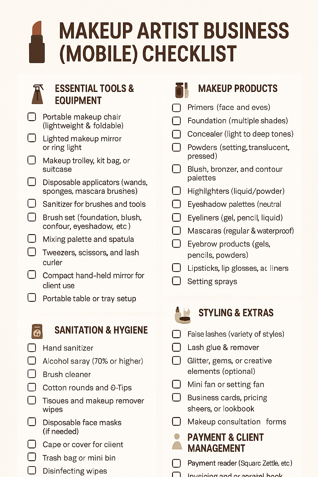 MAKEUP ARTIST BUSINESS (MOBILE) CHECKLIST