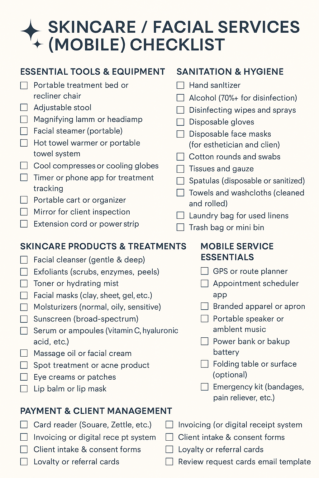 SKINCARE / FACIAL SERVICES (MOBILE) CHECKLIST