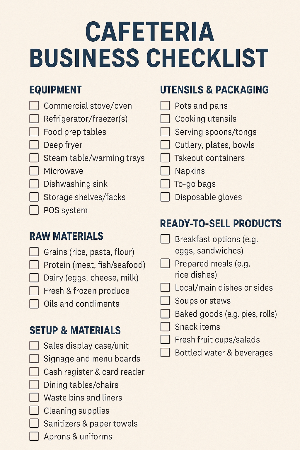 CAFETERIA BUSINESS CHECKLIST