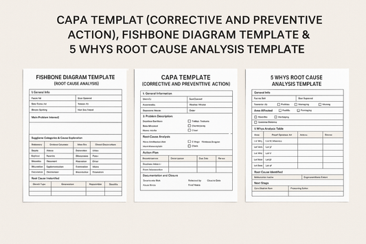CAPA TEMPLATE (CORRECTIVE AND PREVENTIVE ACTION)  , FISHBONE DIAGRAM TEMPLATE &  5 WHYS ROOT CAUSE ANALYSIS TEMPLATE