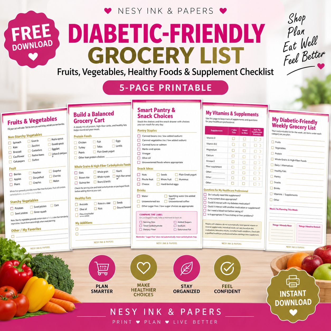 Diabetic-Friendly Grocery List Printable | 5-Page Diabetes Grocery Shopping Planner PDF