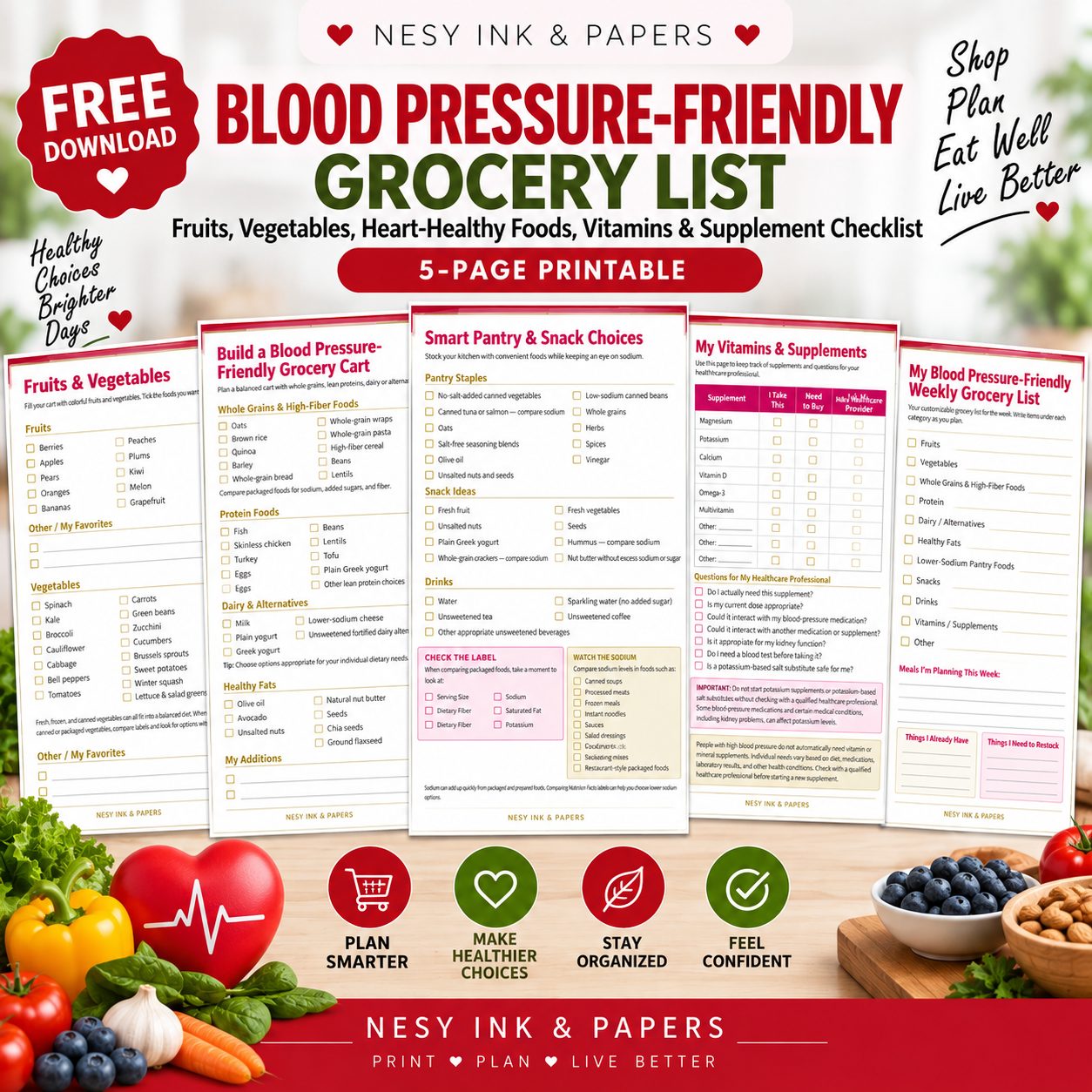 Blood Pressure-Friendly Grocery List Printable | 5-Page Low-Sodium Shopping Planner PDF