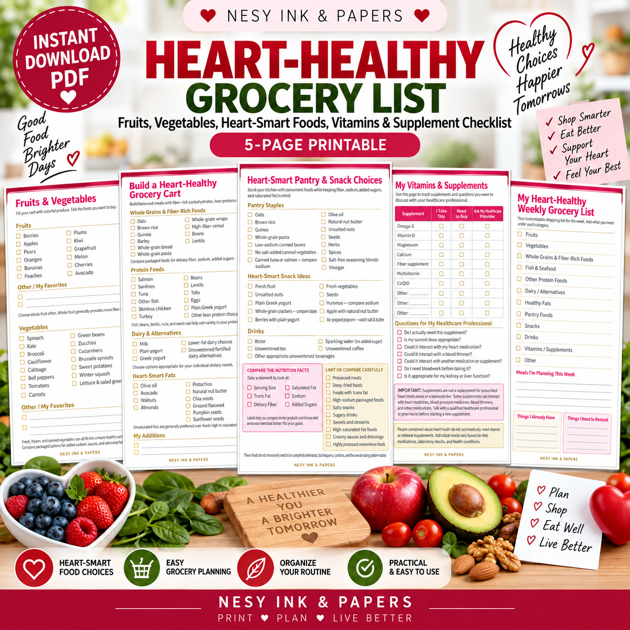 Heart-Healthy Grocery List Printable | 5-Page Heart-Smart Shopping Planner PDF