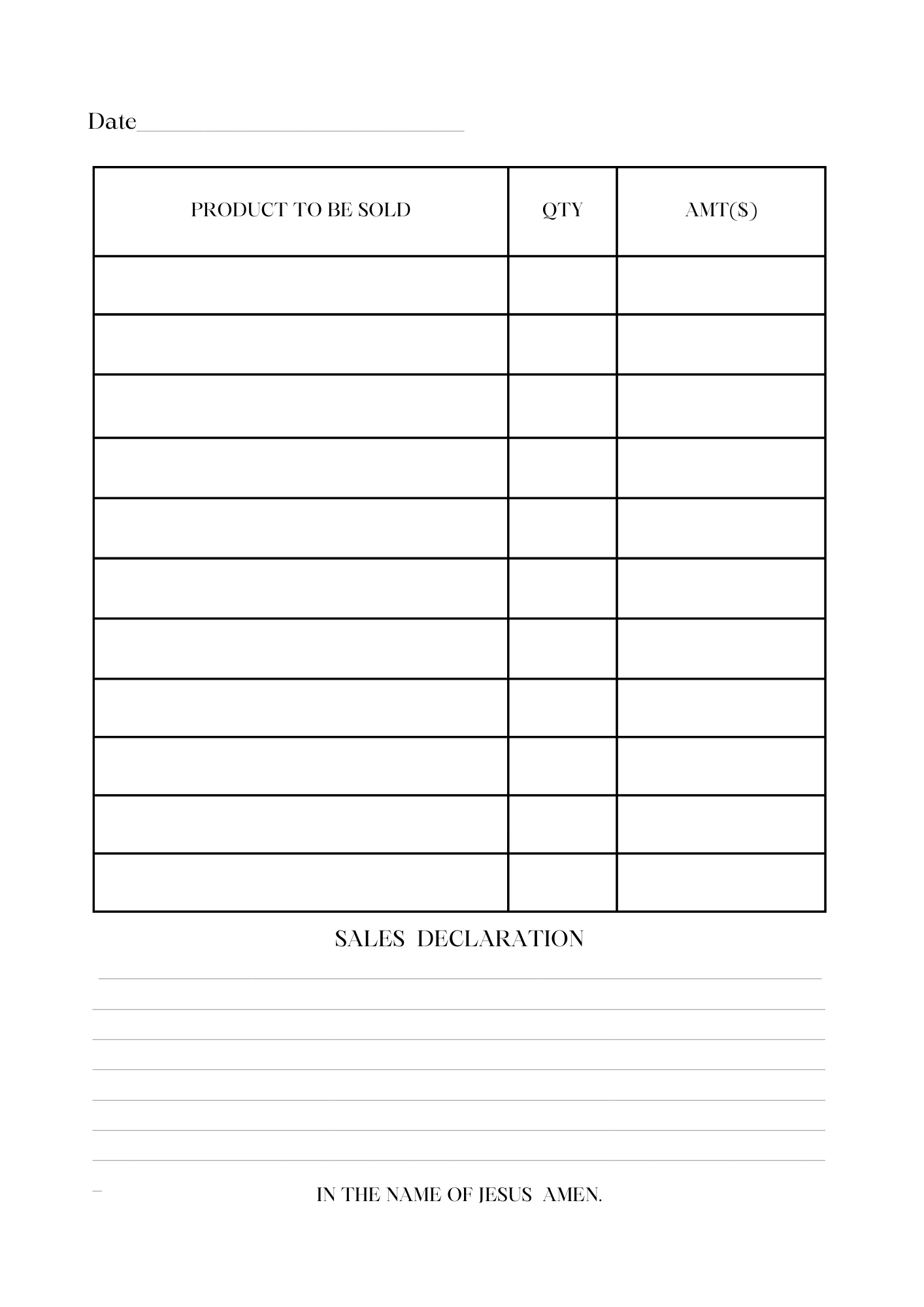 SALES DECLARATION JOURNAL FOR CHRISTIAN ENTREPRENUERS