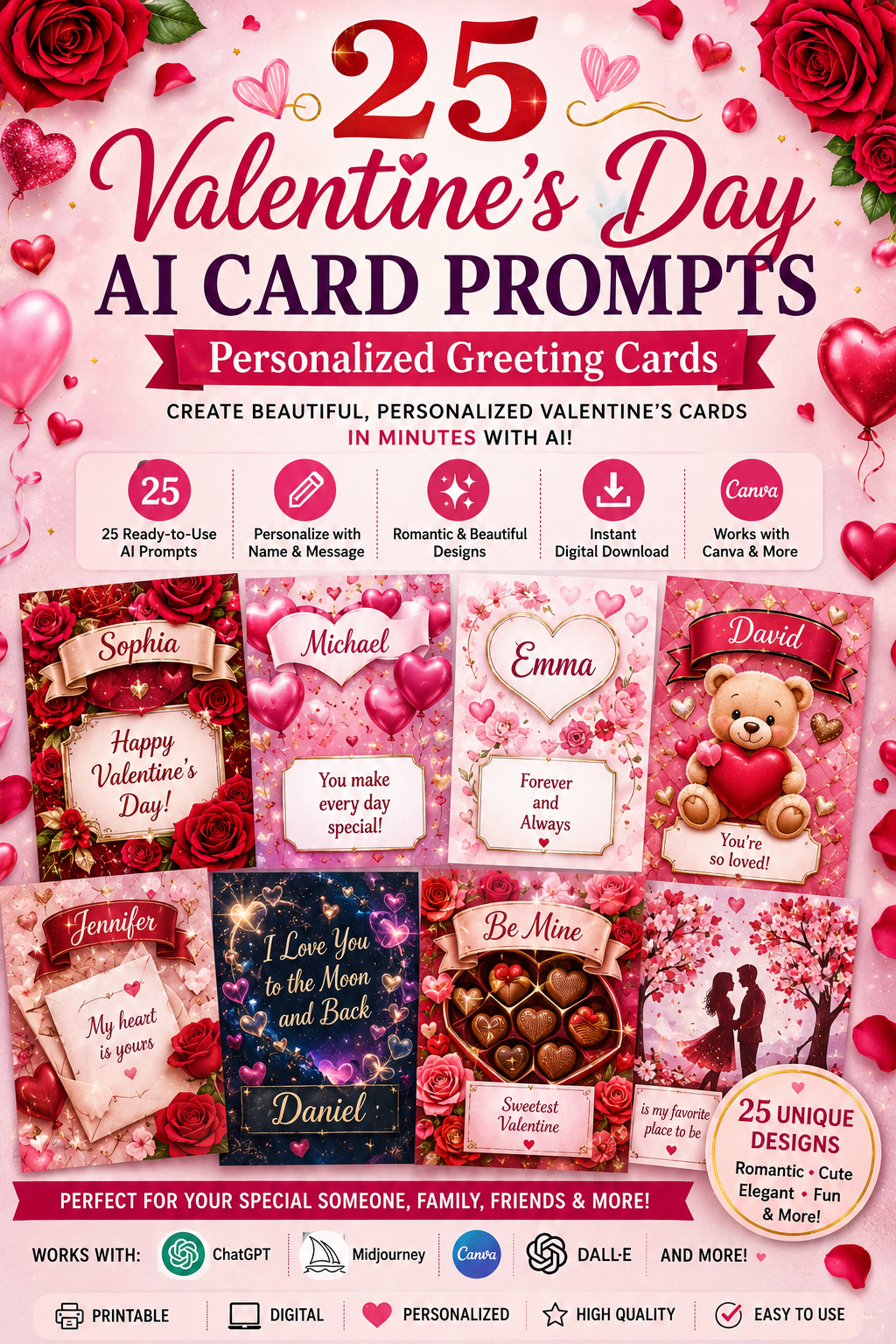 Digital Valentine's Day Card Prompts – 25 AI Prompts for Personalized Love & Valentine's Greeting Cards | Canva, ChatGPT & Midjourney