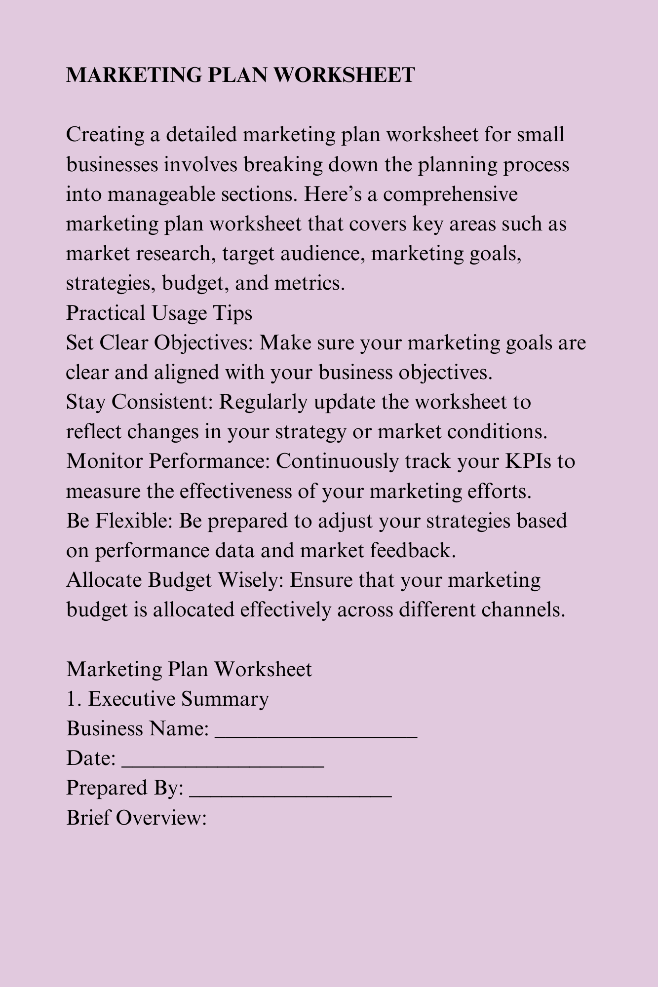 MARKETING PLAN WORKSHEET